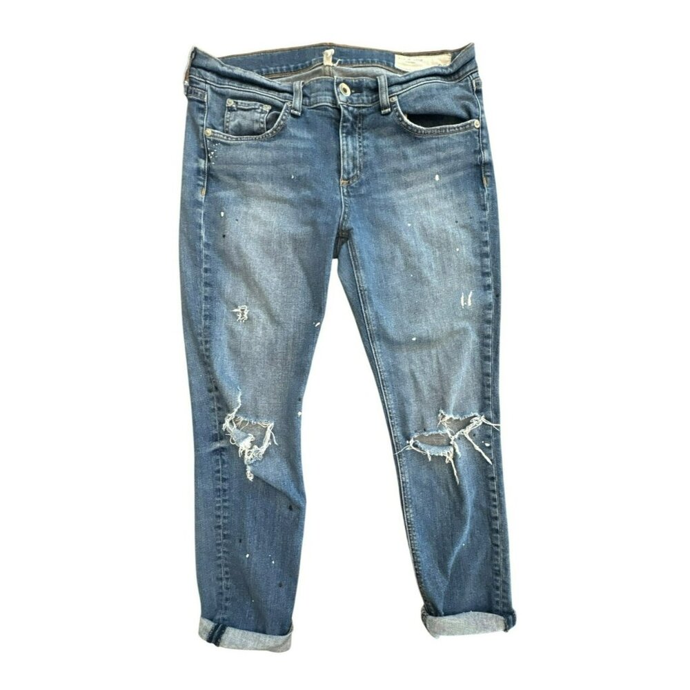 Rag & Bone Dre Mid Rise Capri Jeans Size 28 Distressed Paint Spatter Blue Denim